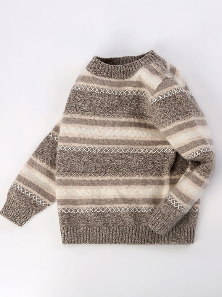 Kids Nordic Stripes Soft Earth Tones Cashmere Crewneck Sweater